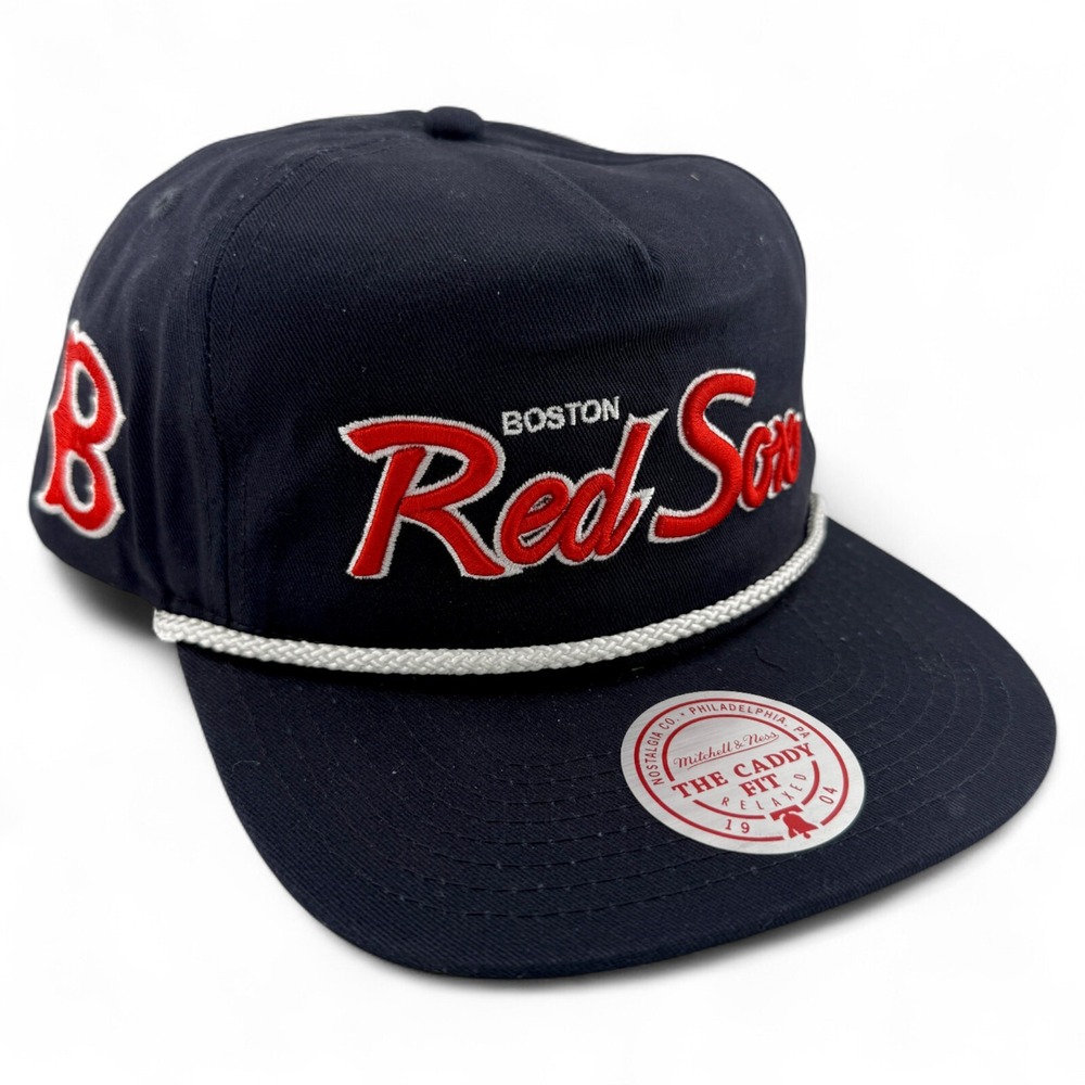 Mitchell & Ness Boston Red Sox Script A-Frame Rope Golfer Caddy Fit Snapback Hat
